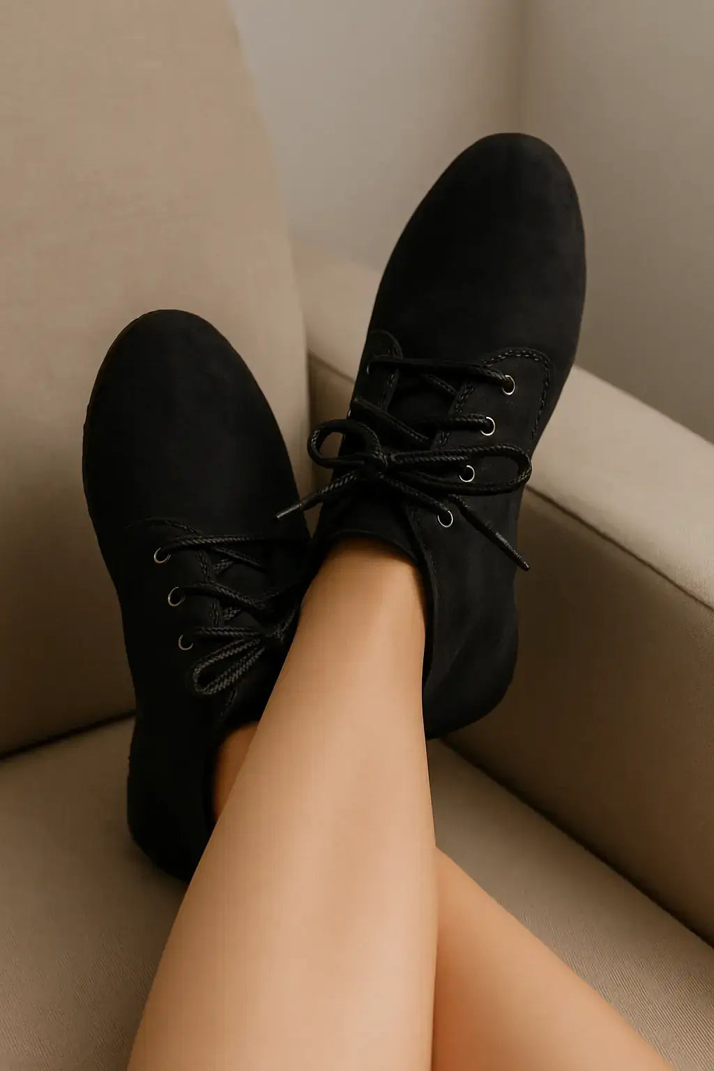 Mulher relaxando em sofá com bota feminina preta de camurça, cano curto e cadarço, sem tatuagens visíveis nas pernas.