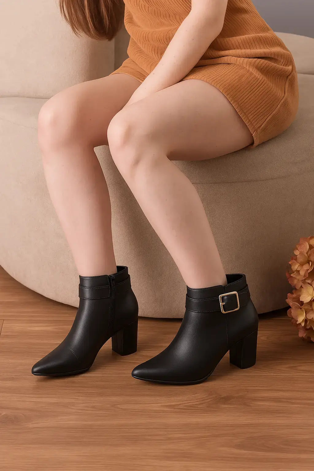 Mulher usando bota feminina preta de cano curto com salto grosso e fivela dourada, ideal para compor looks elegantes de outono e inverno.