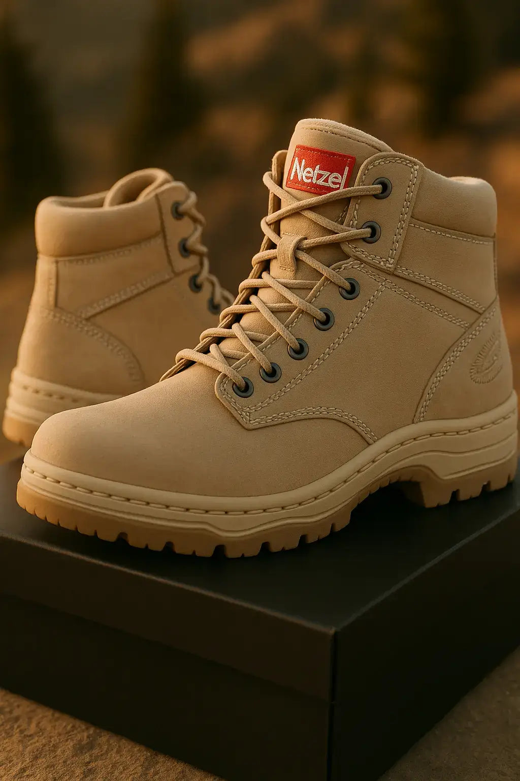 Bota coturno masculina bege nobuck da marca Netzel, com solado robusto e cadarço reforçado, ideal para trilhas e uso urbano.