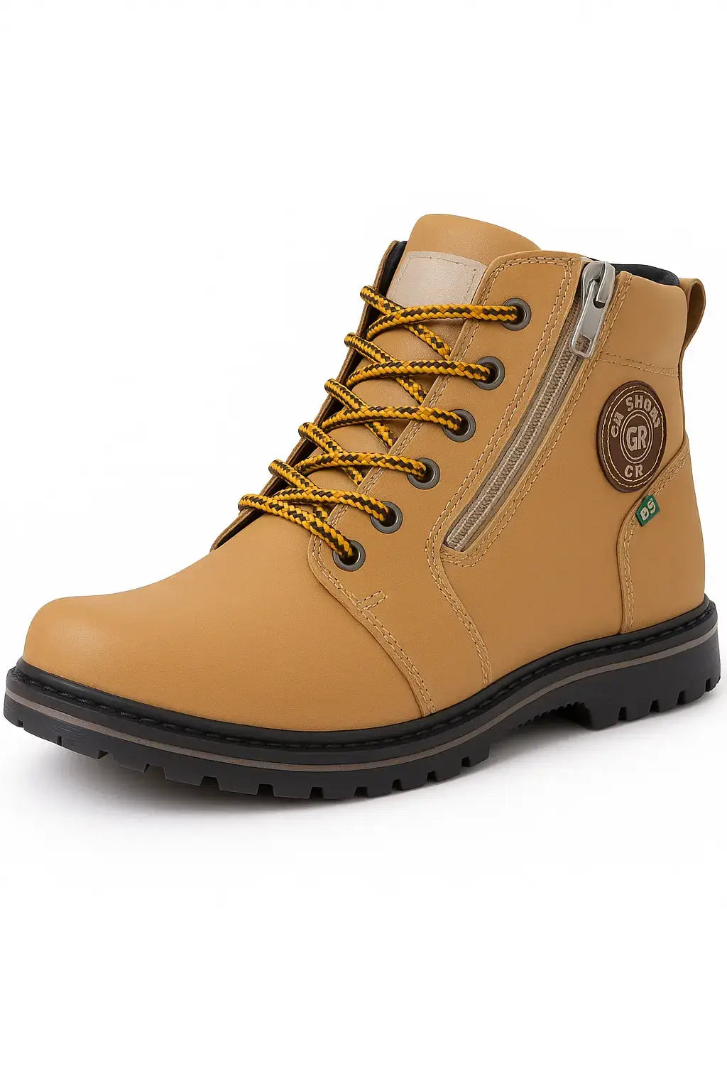 Bota masculina cano médio em material sintético bege com solado tratorado, zíper lateral e cadarço amarelo