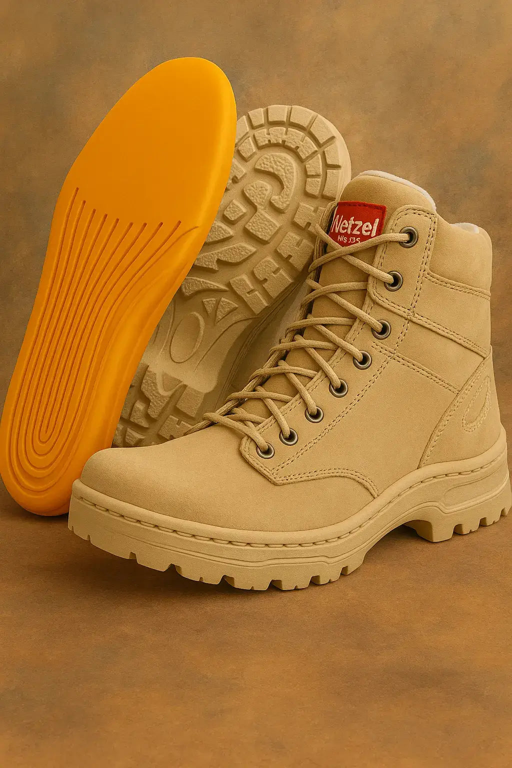Bota masculina bege Netzel nobuck com solado laranja vibrante, fundo estilizado em tons terrosos e design robusto para aventuras e uso diário.