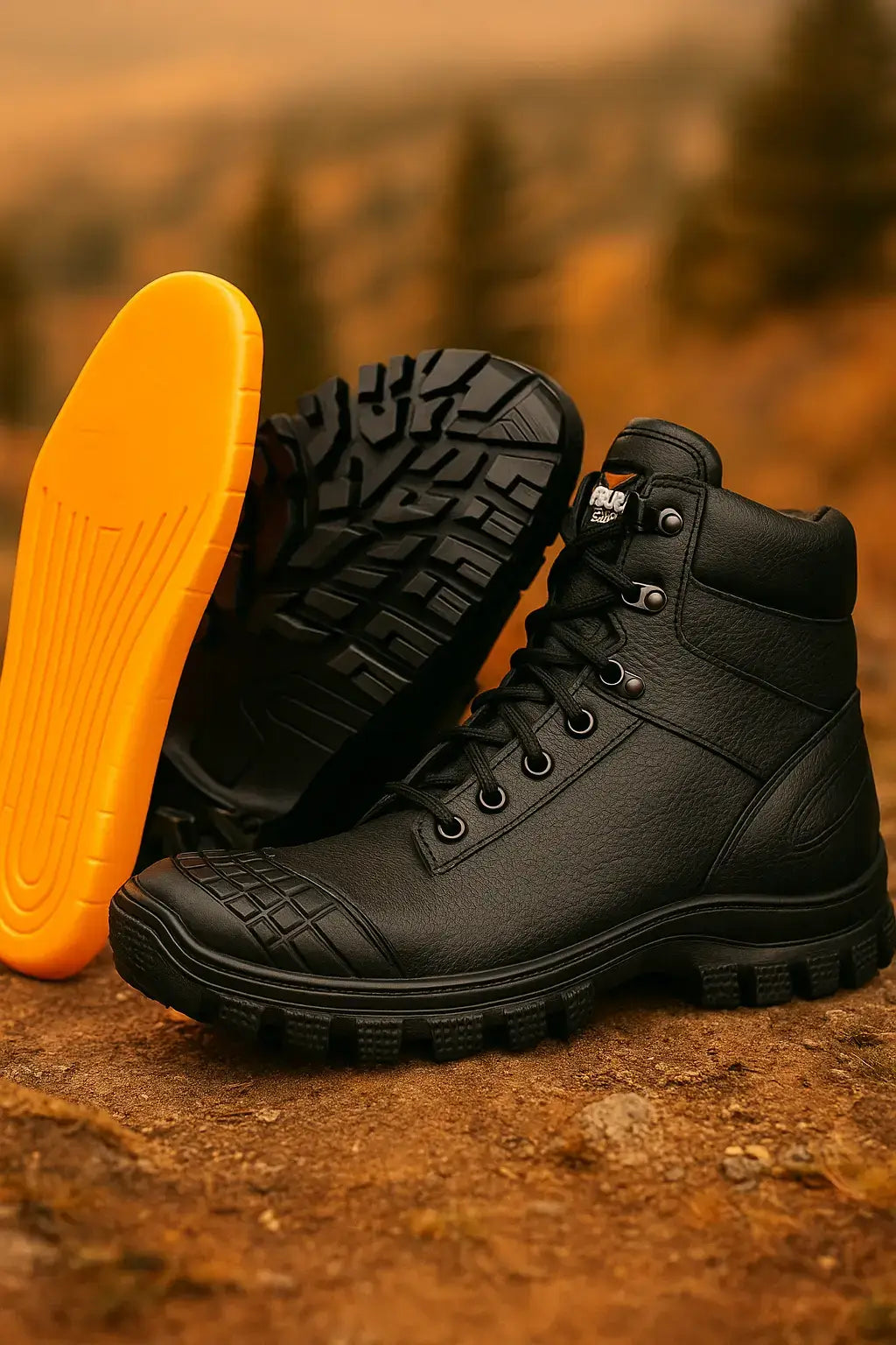 Bota preta  com solado tratorado e palmilha laranja em destaque, posicionada em solo de trilha com fundo natural ao entardecer.