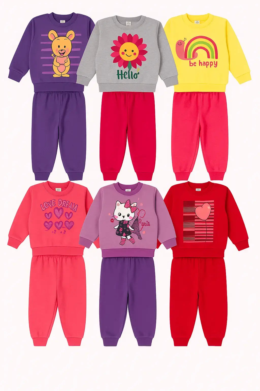 Conjuntos de moletom infantil feminino com estampas de bichinhos, flores, corações e temas divertidos, ideais para o inverno, com blusas e calças em cores vivas.