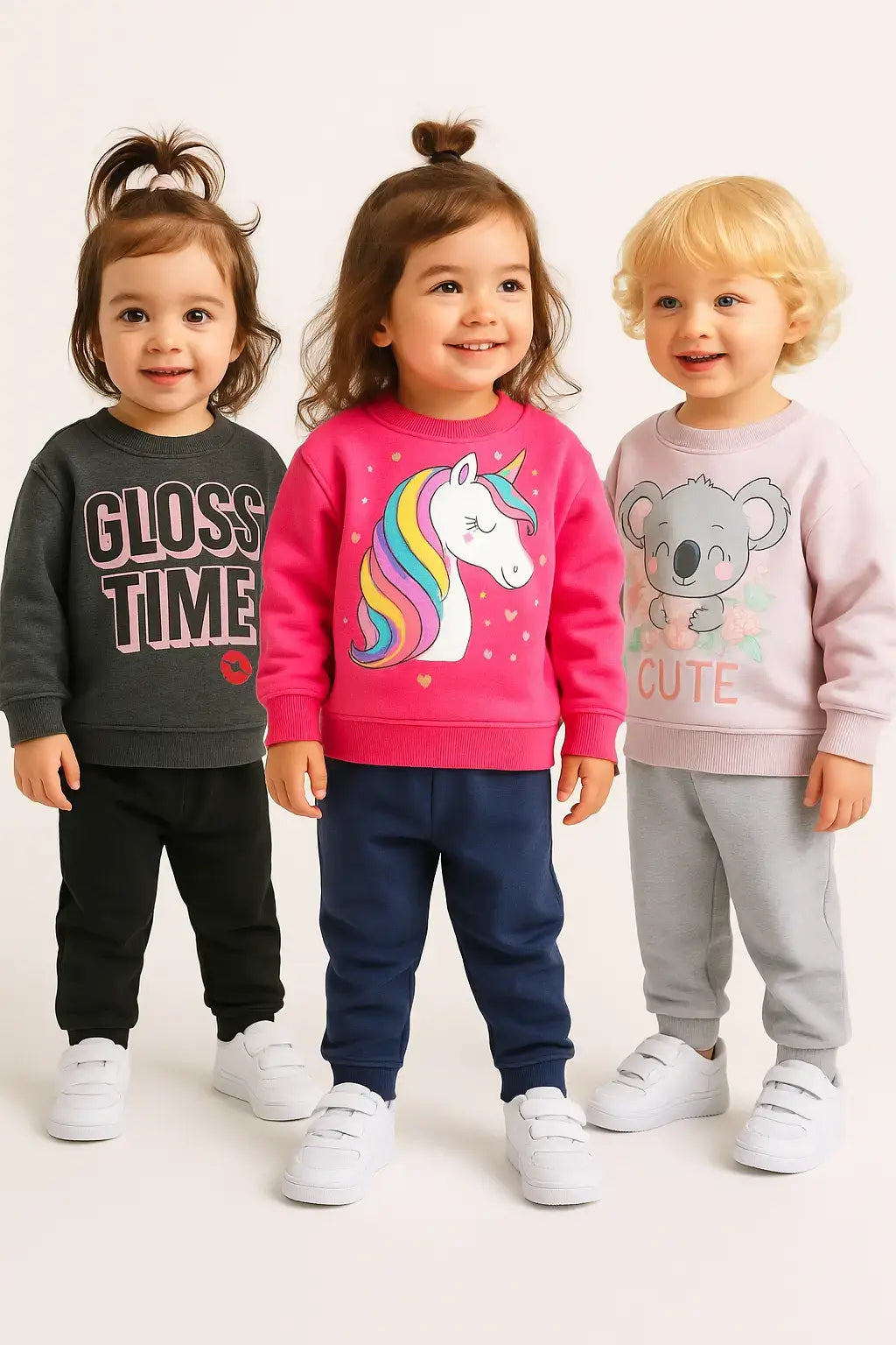 Crianças usando conjuntos de moletom infantil com estampas de unicórnio, koala e frase "Gloss Time", em tons vibrantes, ideais para conforto e estilo no inverno.