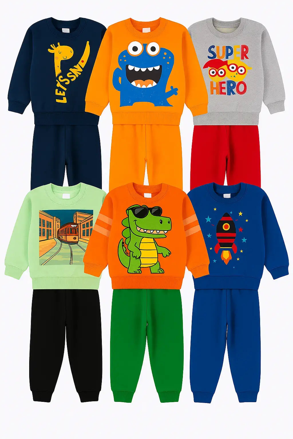 Seis conjuntos infantis masculinos de moletom com estampas lúdicas de dinossauro, foguete, monstro, trem, girafa e super-heróis, organizados em fundo branco sem elementos adicionais.