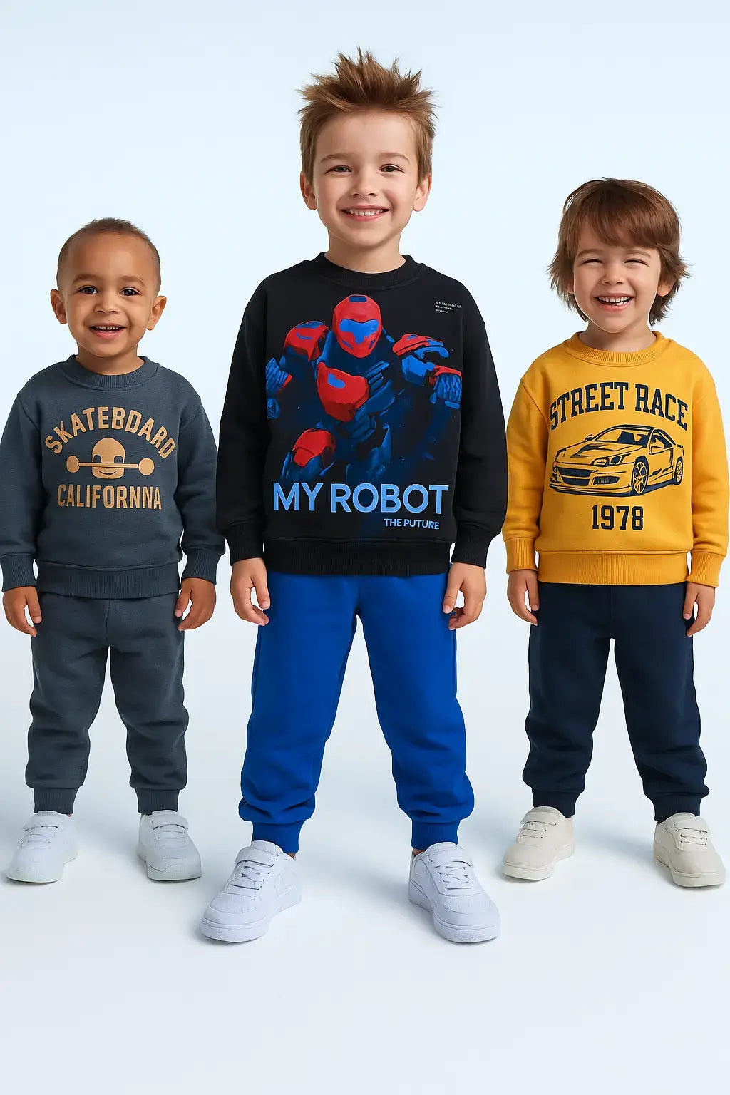  Três meninos sorrindo com conjuntos de moletom infantil com estampas de skate, robô e carro de corrida, em fundo azul claro com visual alegre e moderno.
