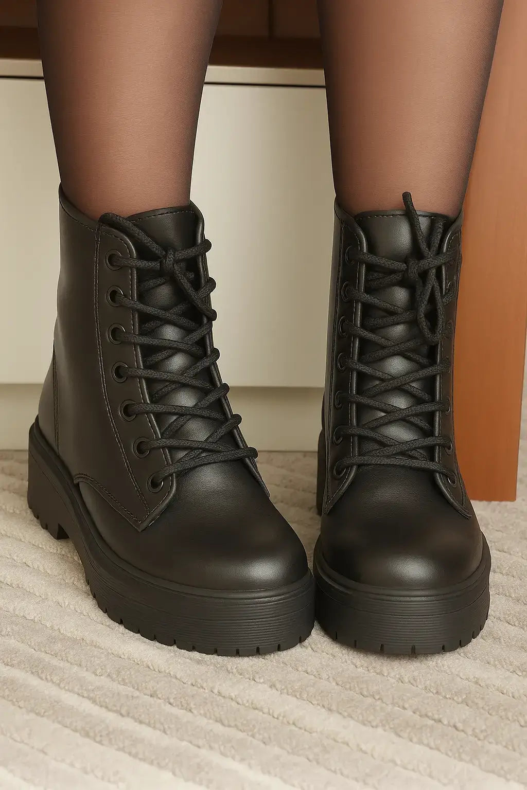 Coturno feminino preto com cano curto, sola alta tratorada e cadarço, usado com meia-calça preta sobre carpete bege listrado, em ambiente interno.