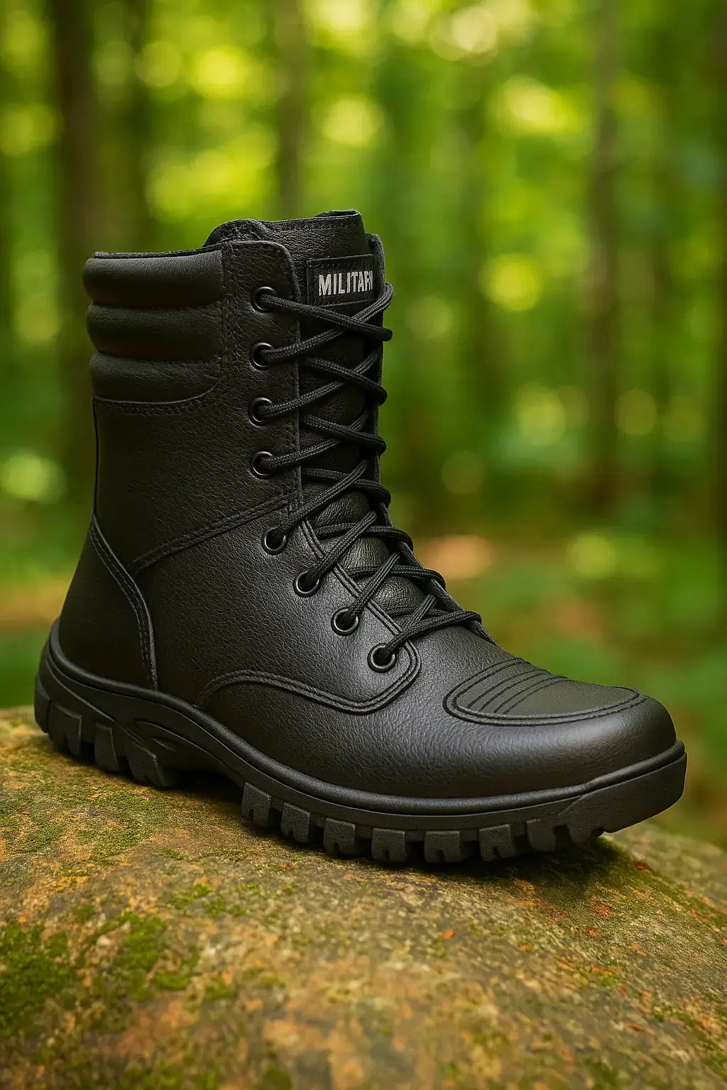 Coturno preto tático com sola tratorada e acabamento militar, posicionado sobre rocha coberta de musgo em floresta verde desfocada, imagem em alta resolução