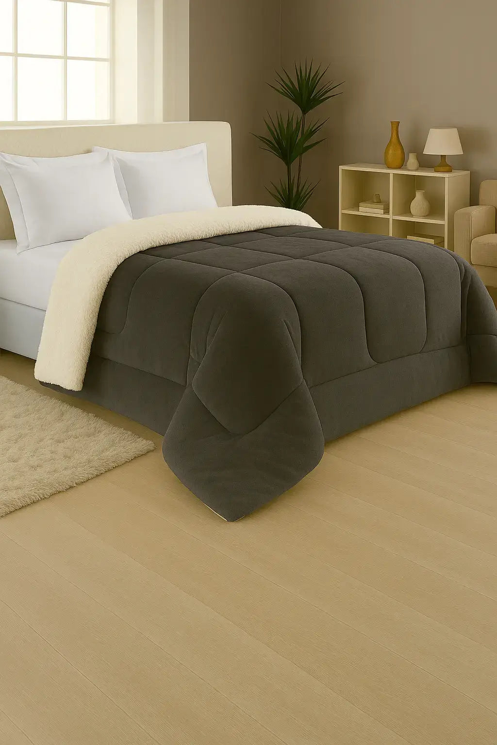 Edredom flannel cinza escuro com forro sherpa bege em cama de casal, em quarto com decoração minimalista e iluminação natural suave