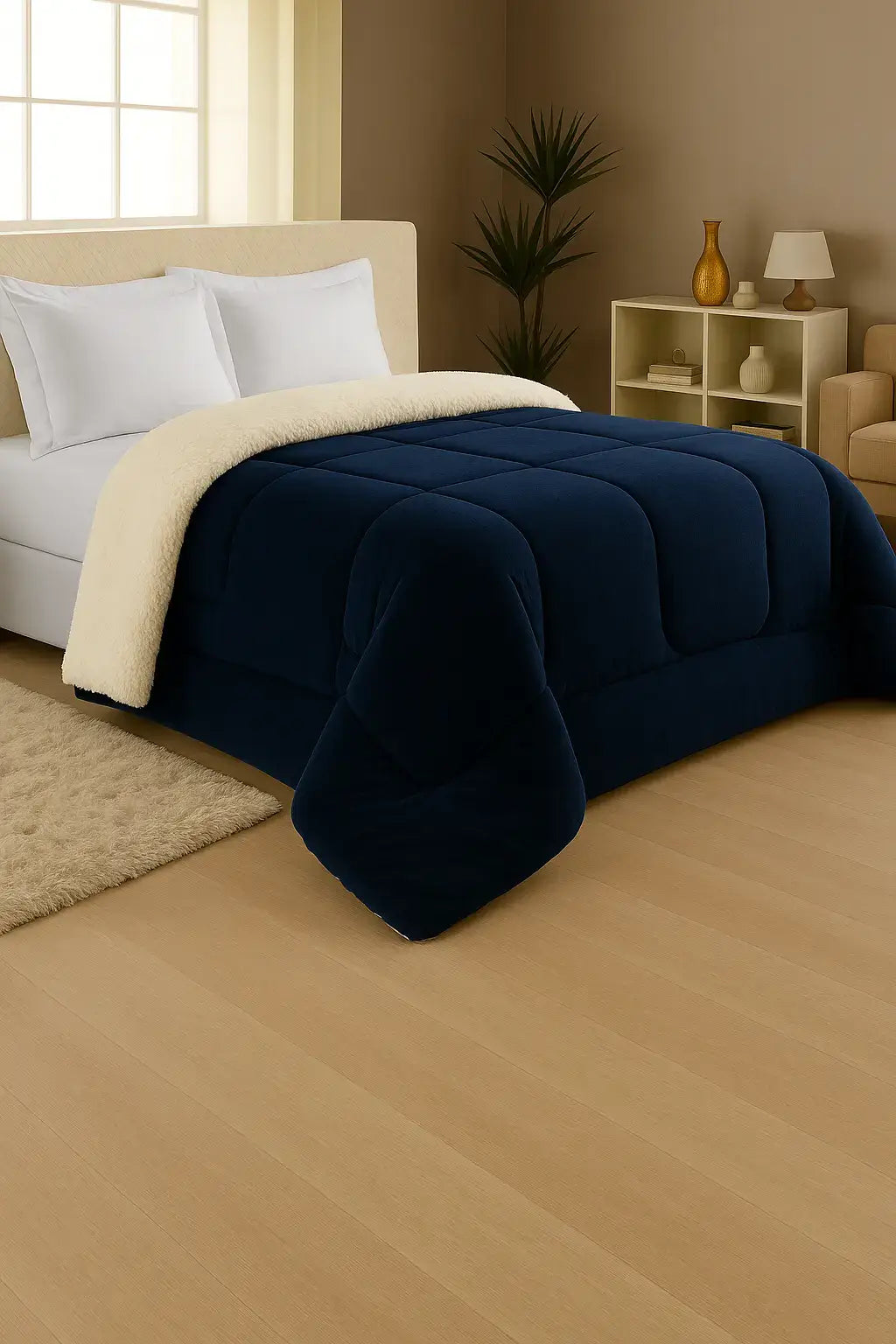 Edredom flannel na cor azul marinho com forro sherpa off-white sobre cama de casal em quarto decorado com estilo moderno e iluminação natural





