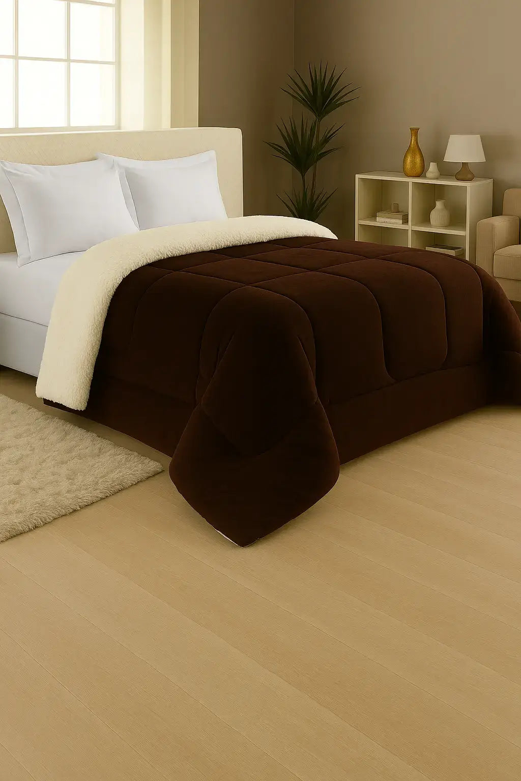 Edredom flannel marrom escuro com forro sherpa claro em cama de casal, ambientado em quarto moderno com decoração sofisticada e iluminação natural