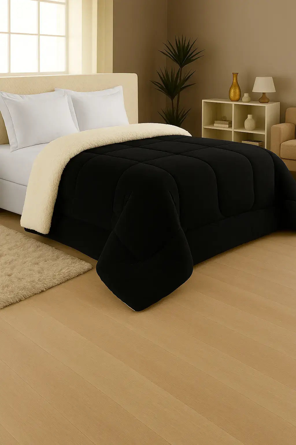 Edredom flannel preto com forro sherpa bege em cama de casal, ambientado em quarto moderno com decoração elegante e iluminação natural