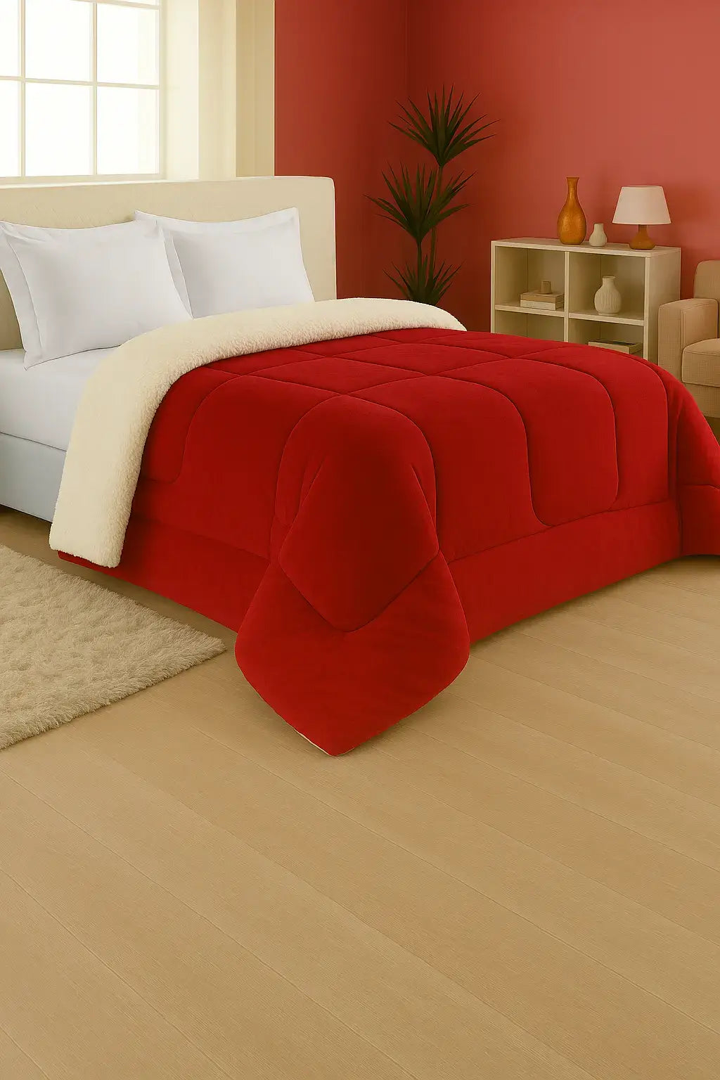 Edredom flannel vermelho intenso com forro sherpa claro sobre cama de casal, em quarto moderno com decoração aconchegante e iluminação natural