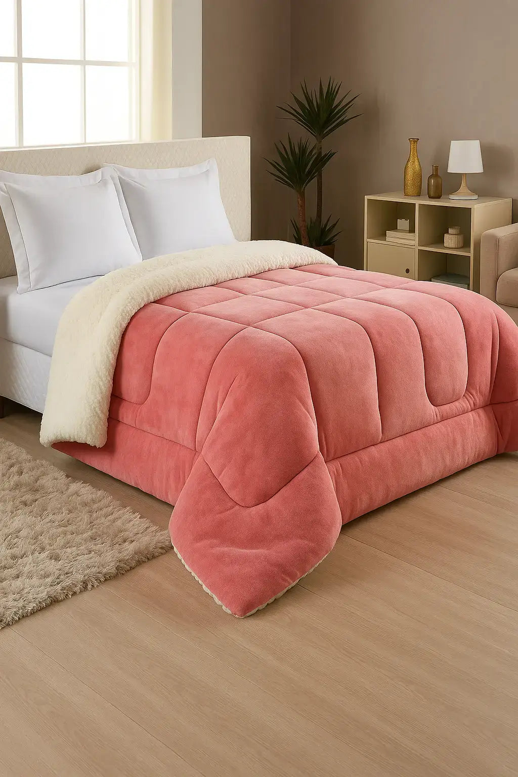 Edredom rosa aveludado dupla face com forro branco em cama de casal, quarto moderno com decoração neutra e iluminação natural.