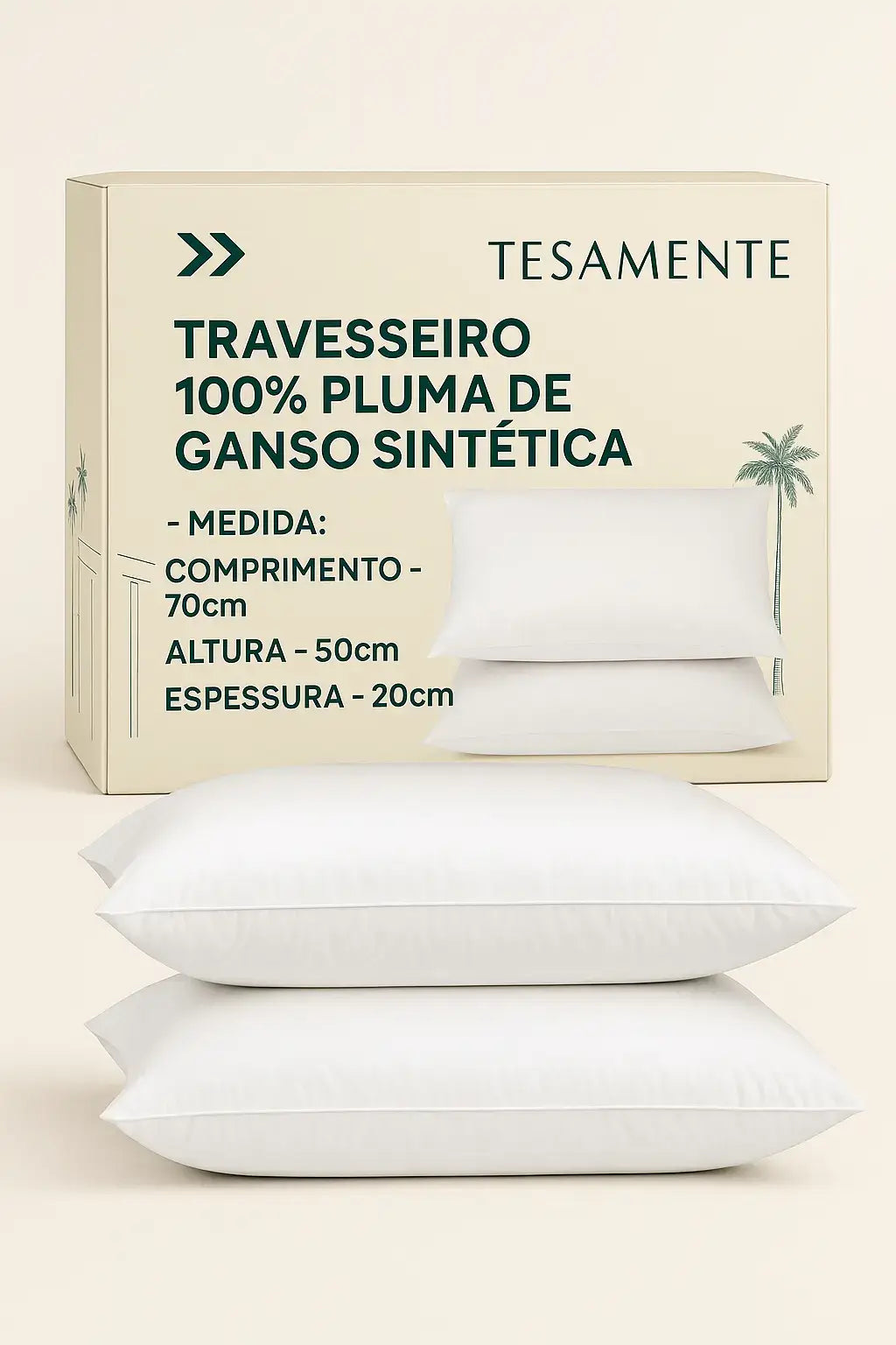 Caixa da marca Tesamente com imagem dos dois travesseiros brancos 100% pluma de ganso sintética impressa na embalagem, junto às especificações do produto.