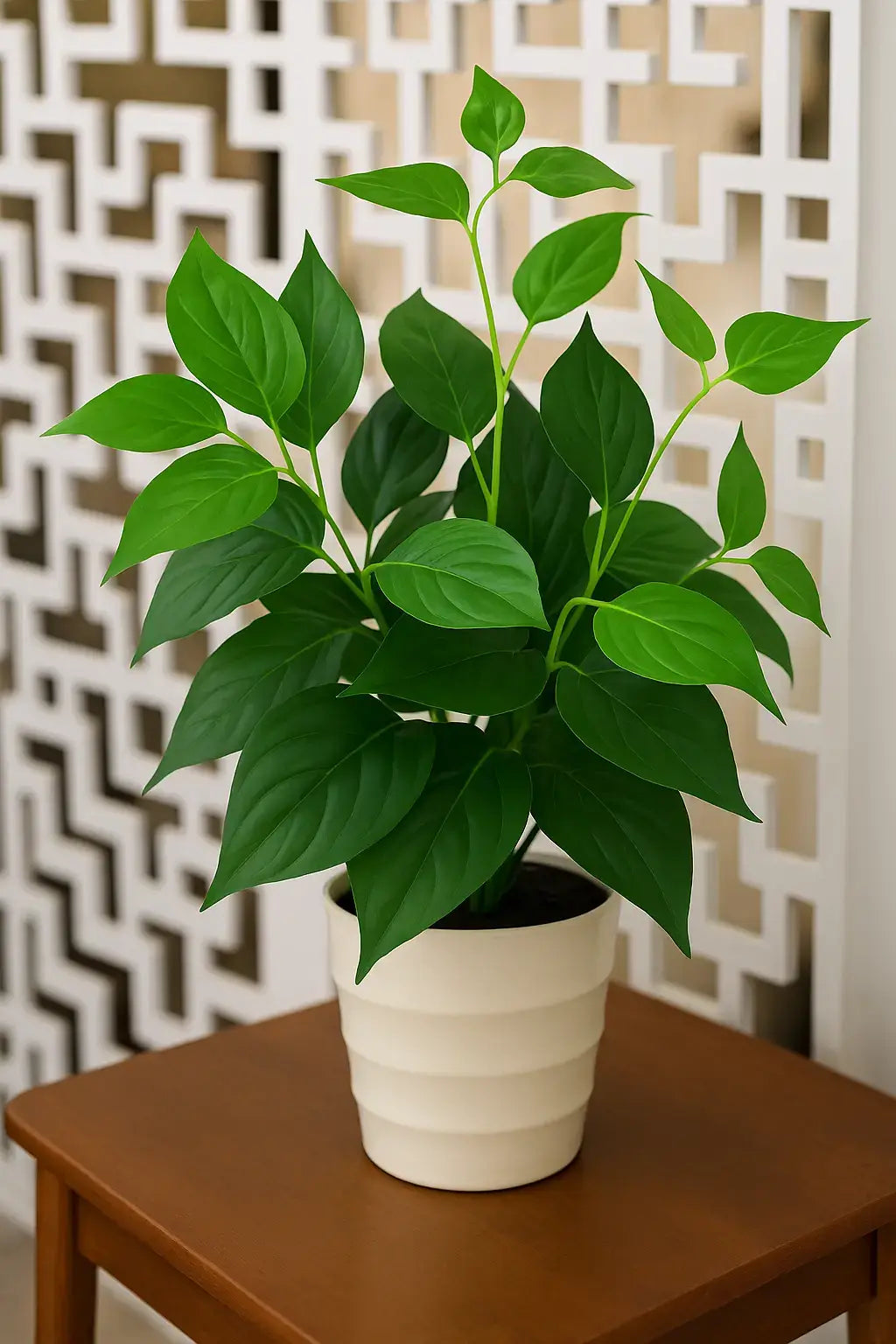 Folhagem artificial verde decorativa com folhas realistas em vaso de cerâmica branco, sobre mesa de madeira com fundo de painel geométrico branco.