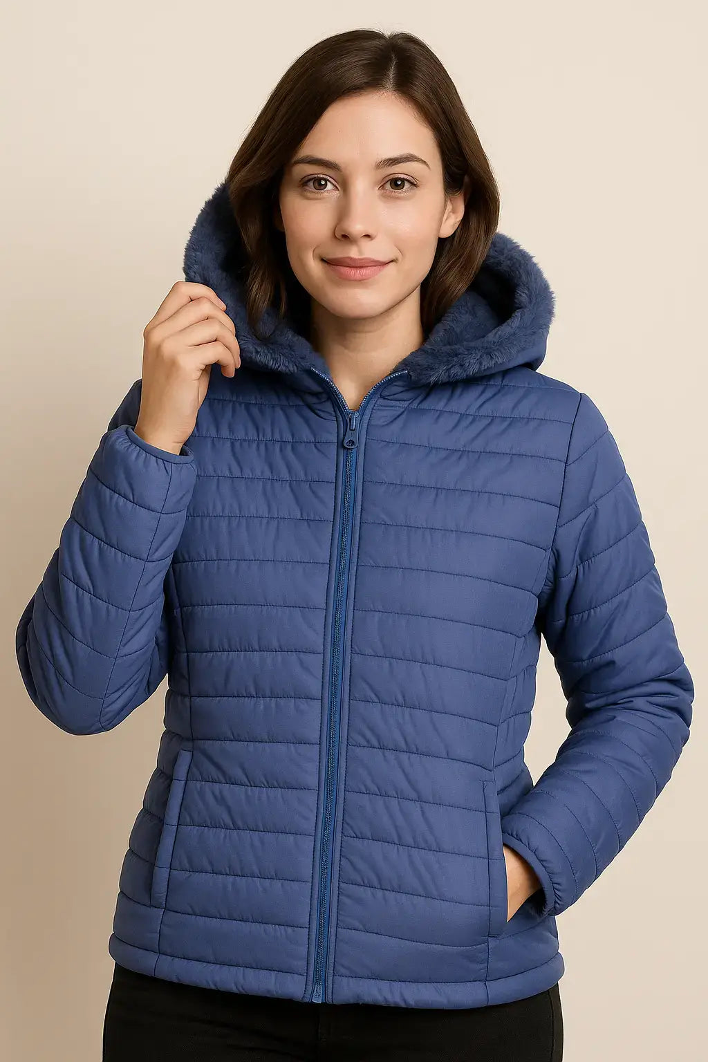 Mulher vestindo jaqueta feminina azul de inverno com capuz peluciado, vista frontal para loja online.