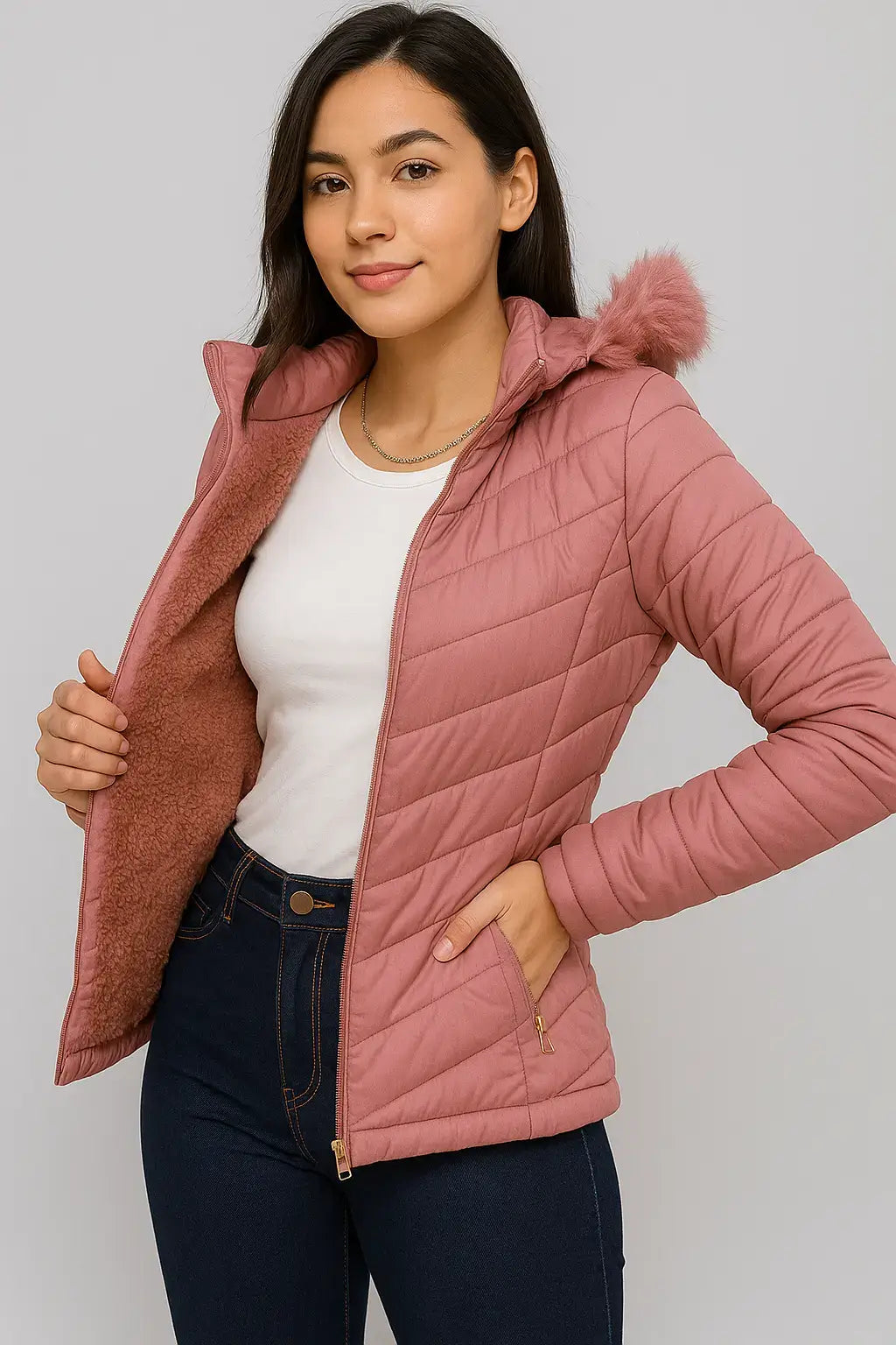 Mulher usando jaqueta feminina puffer rosa com capuz e forro interno peluciado, combinada com blusa branca e calça jeans escura