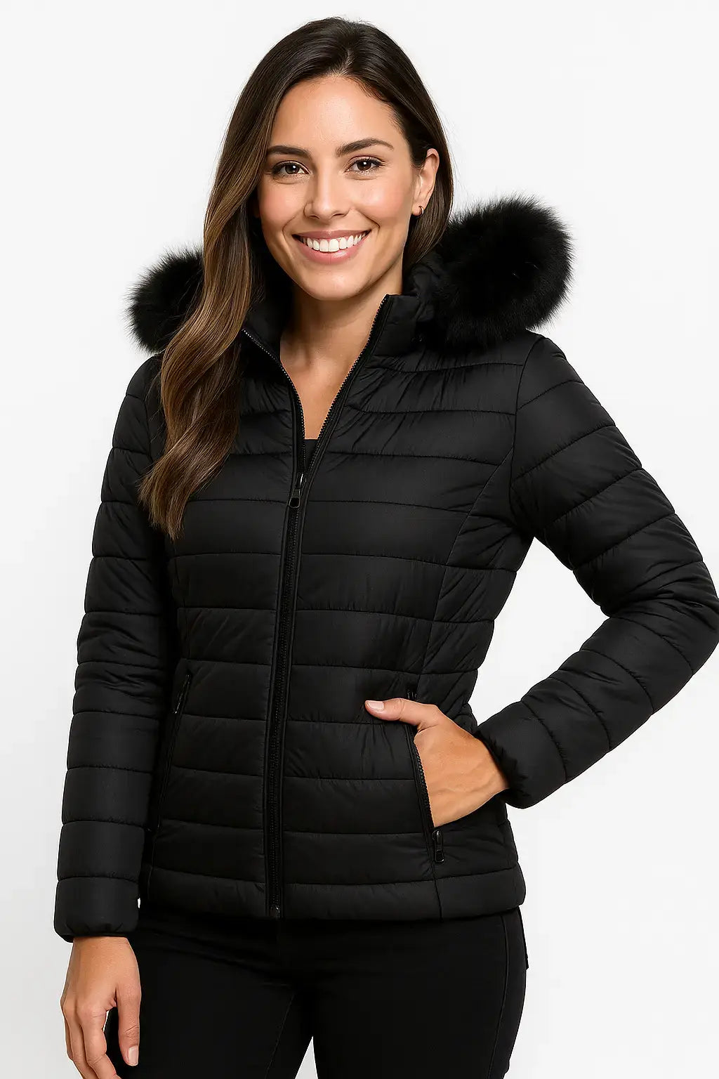 Mulher sorridente vestindo jaqueta puffer feminina preta com capuz peluciado, perfeita para looks de inverno modernos e sofisticados
