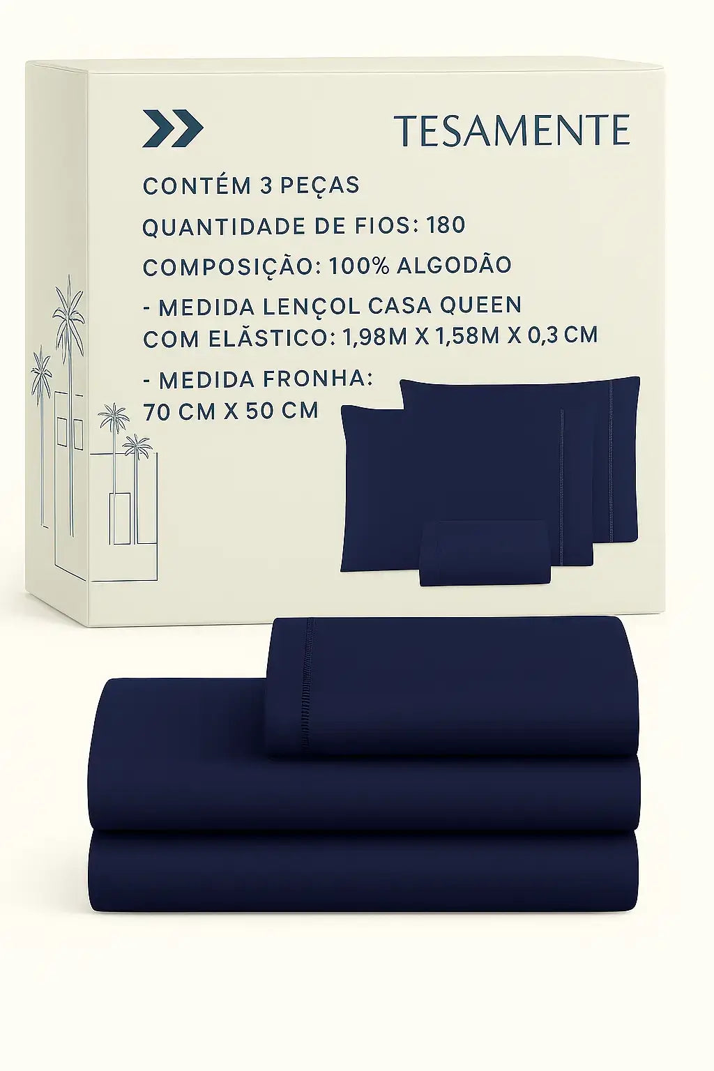 Jogo de lençol Queen 3 peças na cor azul marinho, 100% algodão e 180 fios, com caixa informativa Tesamente em português exibindo especificações detalhadas.