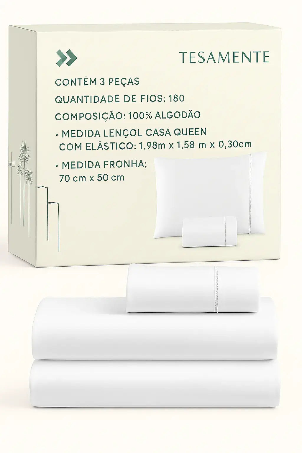 Jogo de lençol Queen branco 3 peças 100% algodão com 180 fios, acompanhado de embalagem Tesamente com especificações em português