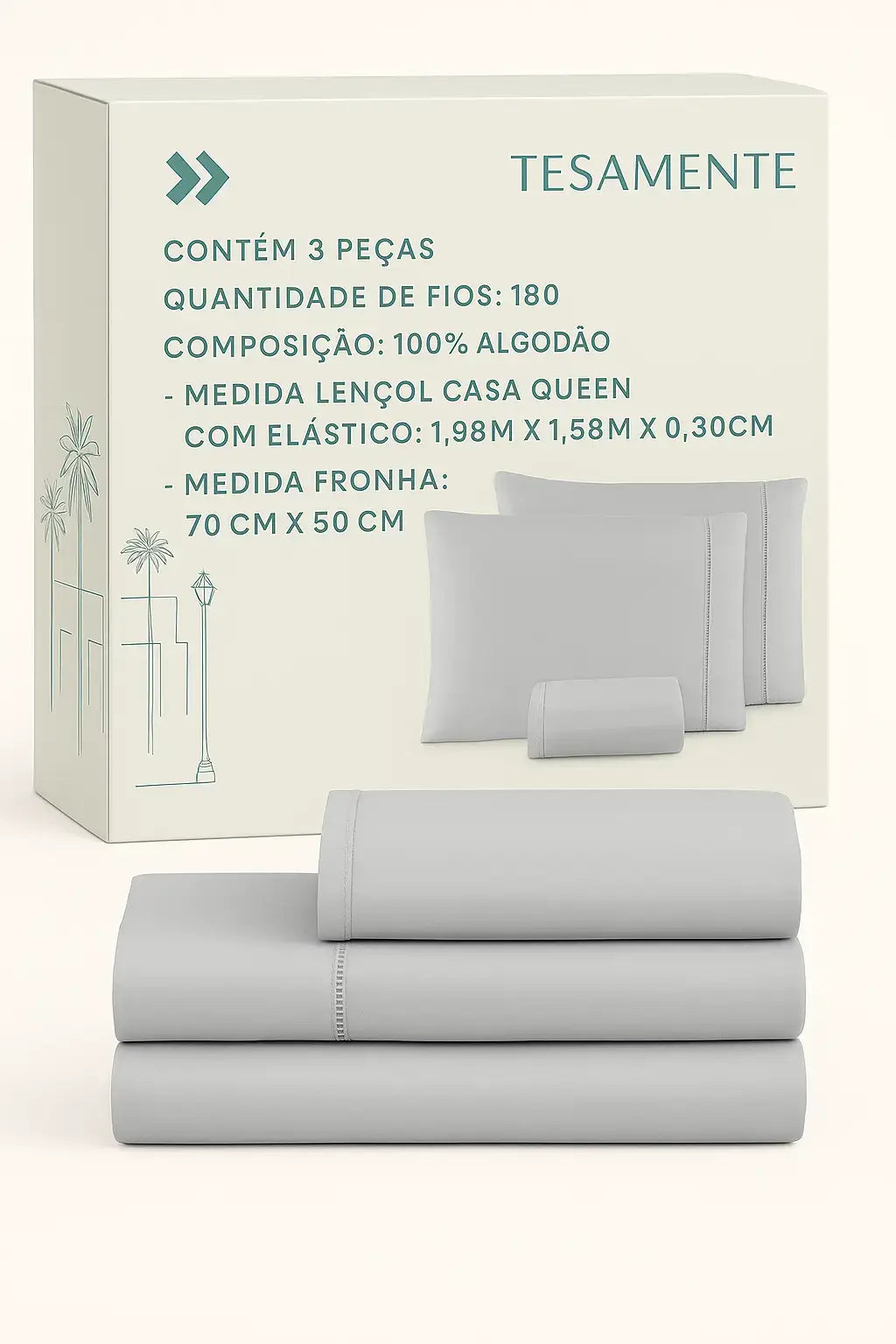 Jogo de lençol Queen 3 peças na cor cinza claro, 100% algodão com 180 fios, com embalagem Tesamente detalhada em português, ideal para lojas online.