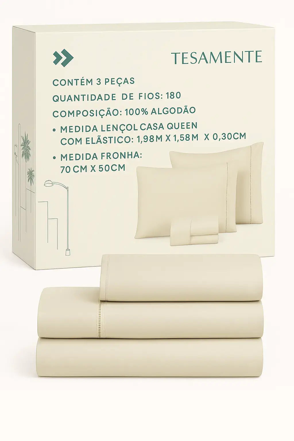 Jogo de lençol Queen 3 peças na cor palha código DCD7CE, 100% algodão e 180 fios, com caixa informativa da marca Tesamente em português para lojas online.