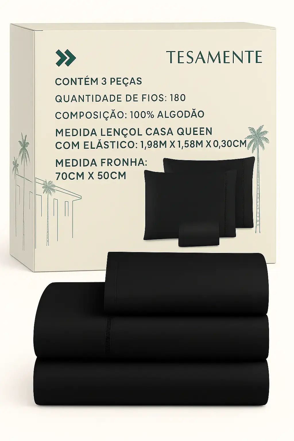 Jogo de lençol Queen preto 3 peças, cor código 171717, 100% algodão com 180 fios, acompanhado de caixa Tesamente com especificações detalhadas em português.