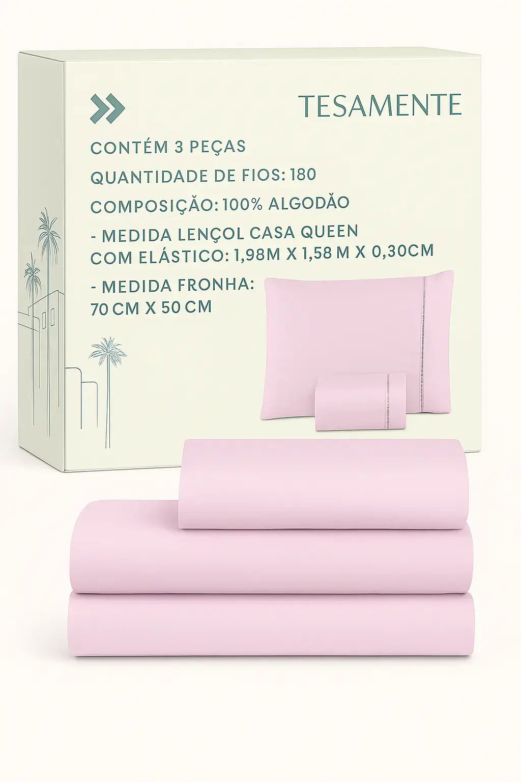 Jogo de lençol Queen rosa claro com 3 peças em 100% algodão e 180 fios, acompanhado de embalagem Tesamente com especificações em português, ideal para loja virtual.