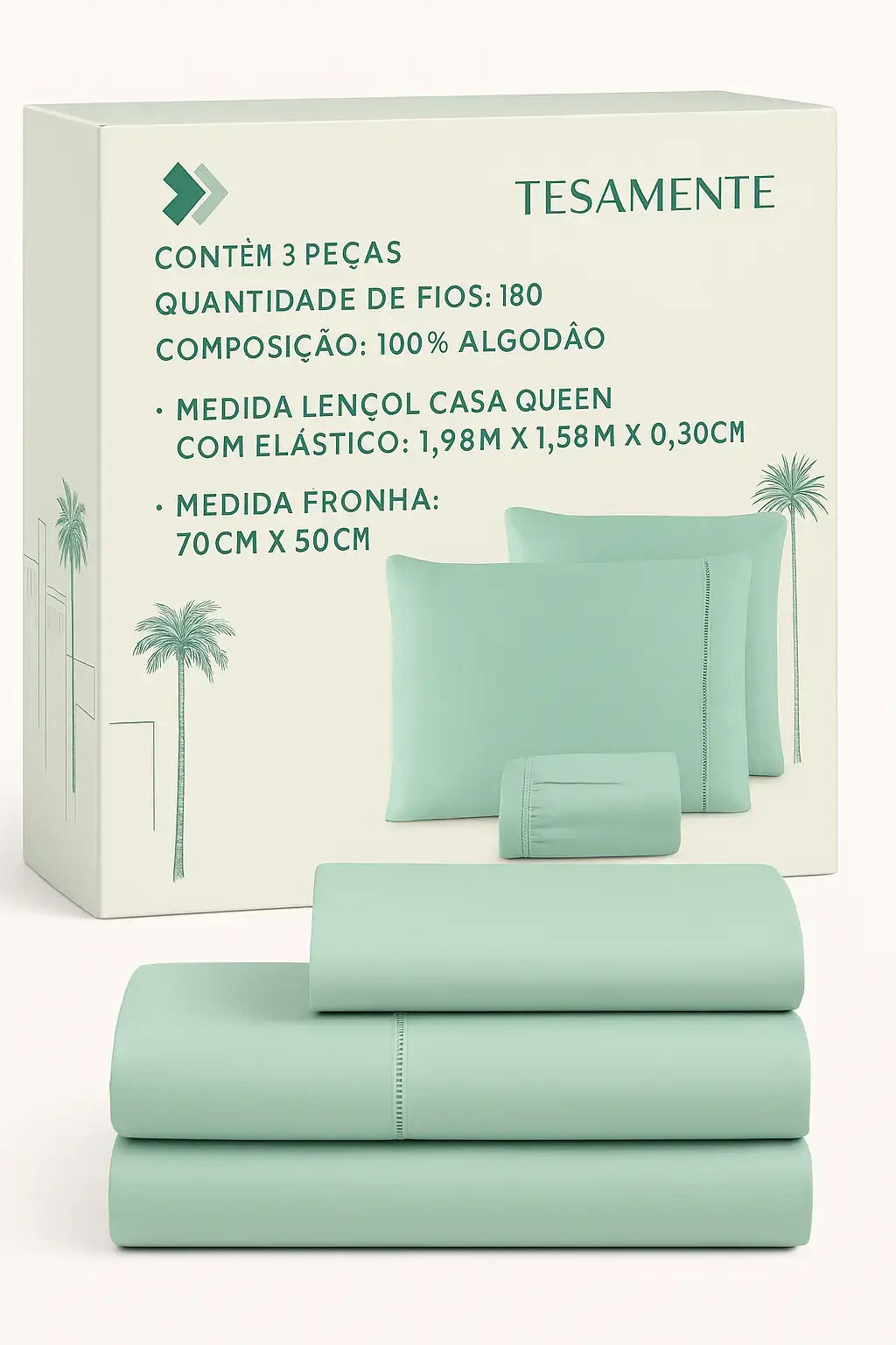 Jogo de lençol Queen 3 peças na cor verde, 100% algodão e 180 fios, com caixa informativa da marca Tesamente exibindo especificações completas em português.