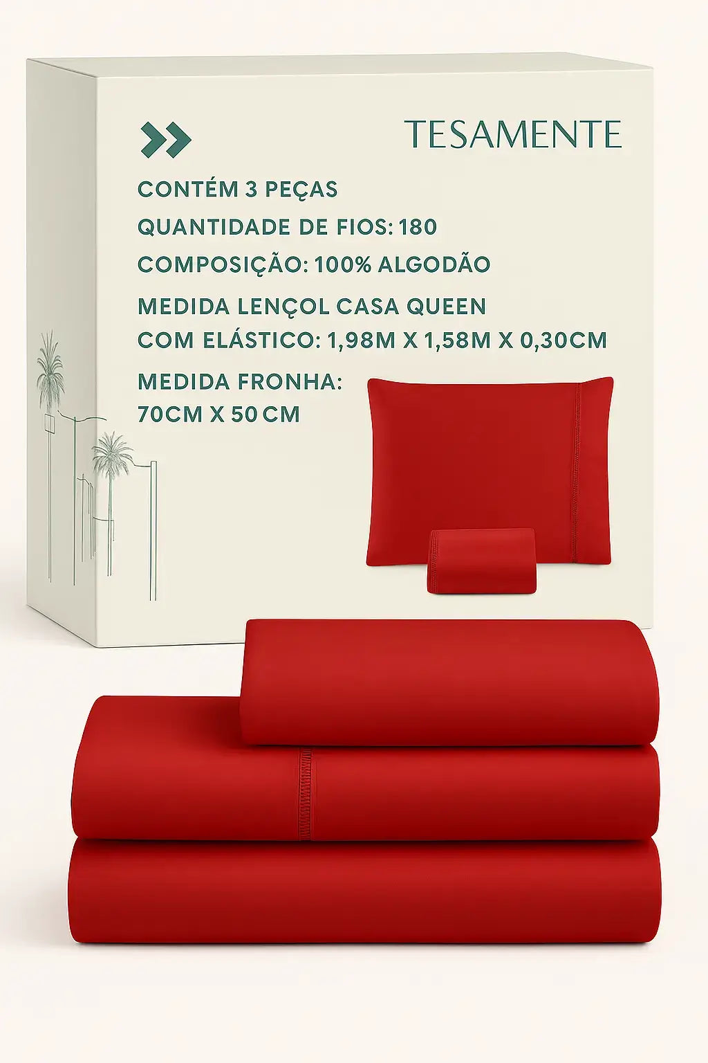  Jogo de lençol Queen vermelho com 3 peças, 100% algodão e 180 fios, com embalagem da marca Tesamente contendo especificações completas em português.