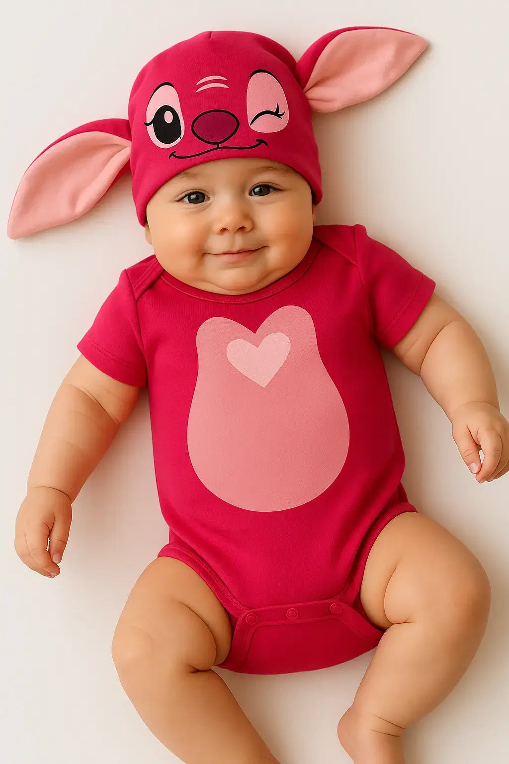 Bebê vestindo fantasia rosa inspirada na personagem Angel, com touca de orelhas e body com estampa de coração, deitado sobre fundo claro.