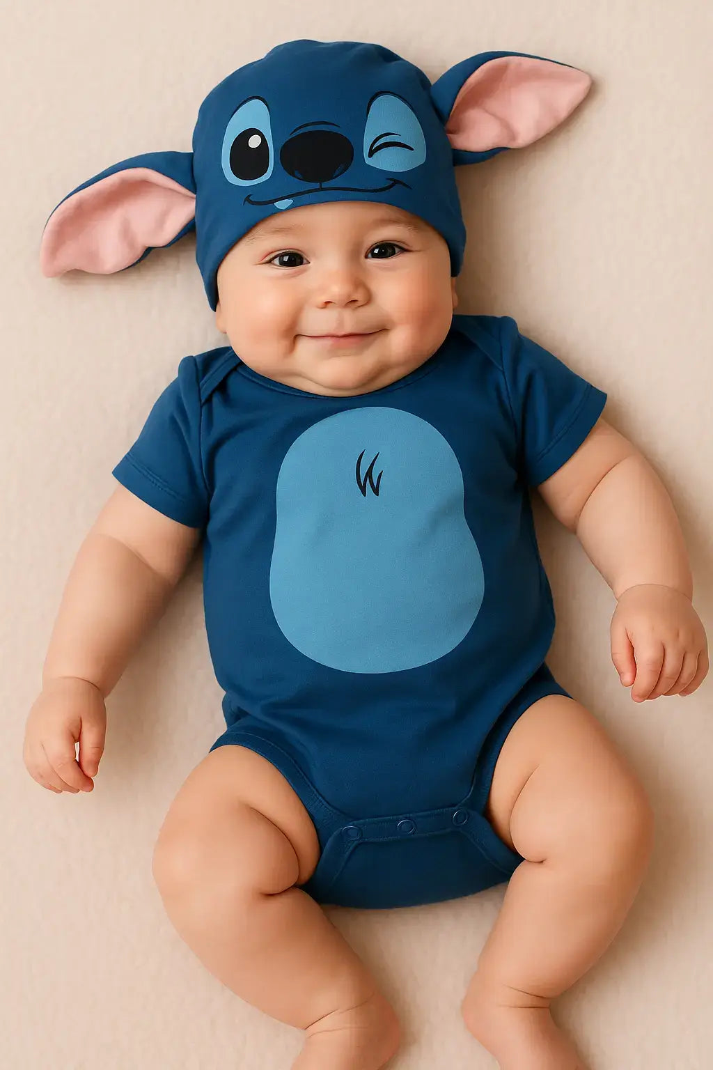 Bebê sorridente usando macacão azul temático do personagem Stitch com touca de orelhas grandes, deitado sobre manta bege macia.