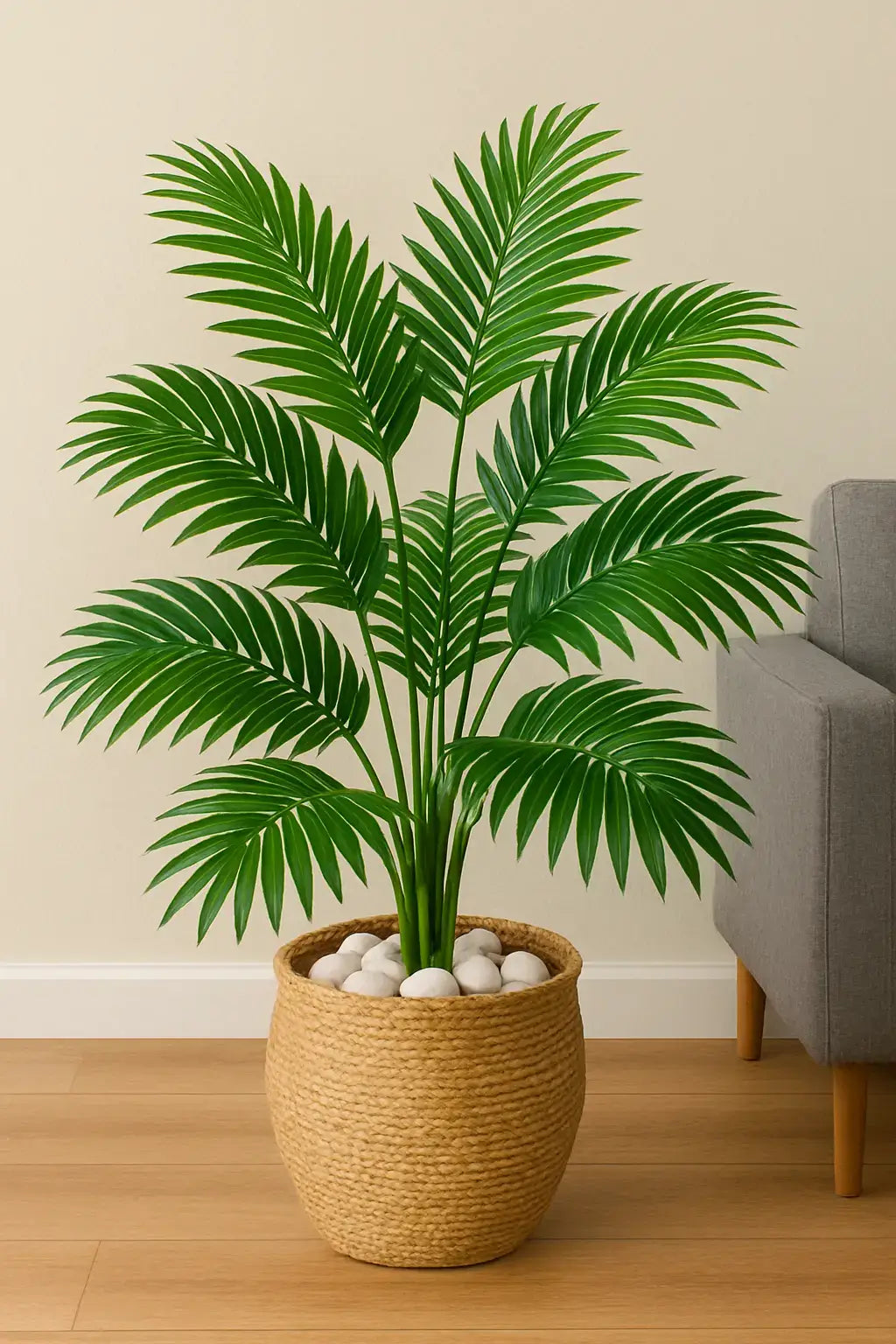 Palmeira Areca artificial com 24 folhas verdes em vaso de fibra natural com pedras brancas, ideal para decoração aconchegante e moderna de interiores.