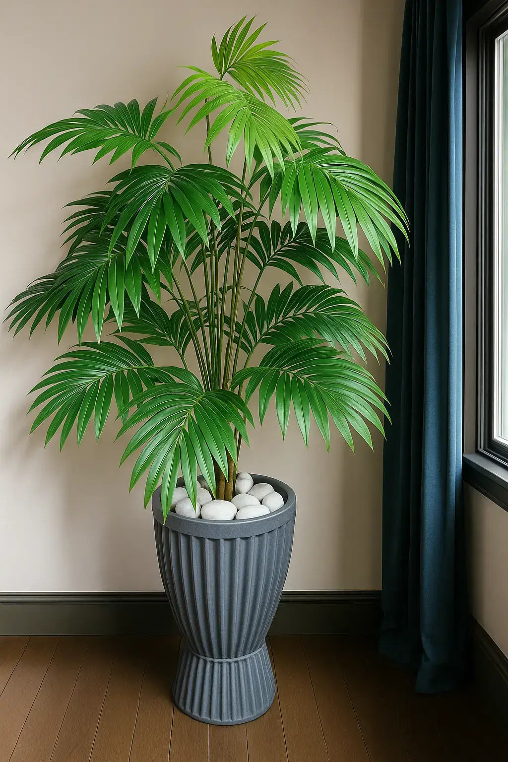 Palmeira Areca artificial grande com folhas verdes vivas em vaso grafite com pedras brancas, posicionada em canto de sala com piso de madeira e cortina azul.