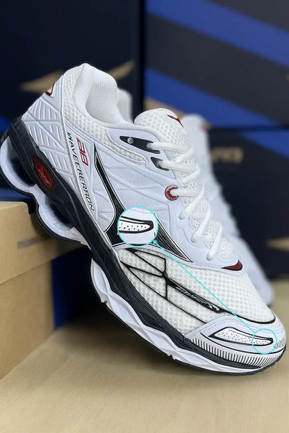 Tênis MZ Wave Creation 20 masculino branco com detalhes em preto e vermelho, malha respirável e solado Wave para alta performance em corridas.