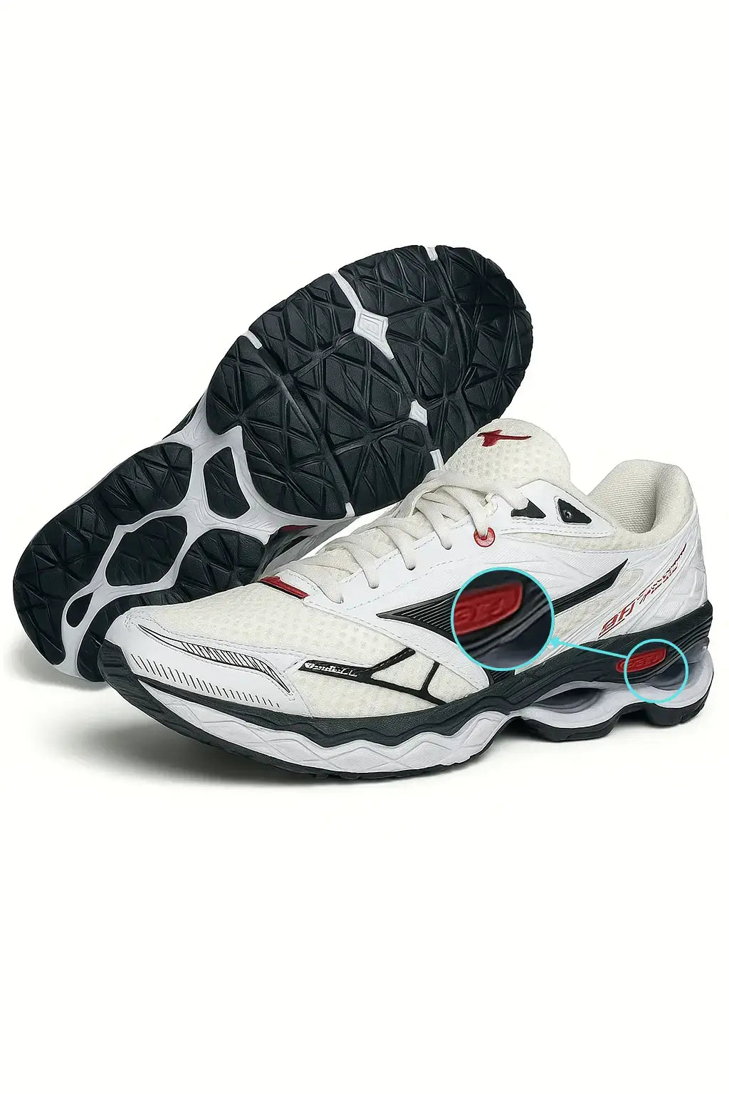 Tênis MZ Wave Creation 20 branco com detalhes em preto e vermelho, exibido em fundo branco com foco no design lateral e solado antiderrapante de alta tração.