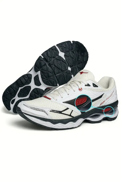 Tênis MZ Wave Creation 20 branco com detalhes em preto e vermelho, exibido em fundo branco com foco no design lateral e solado antiderrapante de alta tração.