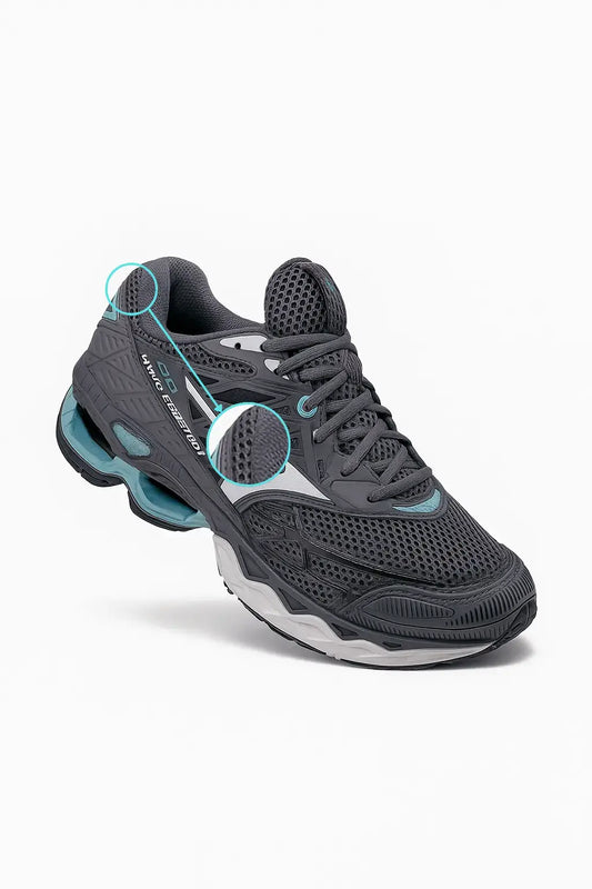 Tênis MZ Wave Creation 20 cinza masculino com tecnologia de amortecimento Wave, cabedal em mesh respirável e detalhes azul-turquesa, ideal para corrida e caminhadas.