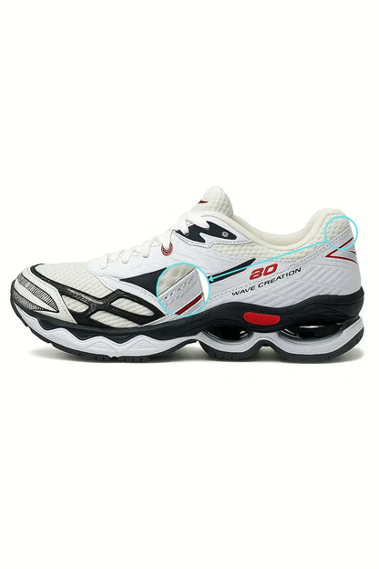 Tênis MZ Wave Creation 20 branco com preto e vermelho, em vista lateral com fundo branco, exibindo o design esportivo e a tecnologia de amortecimento Wave