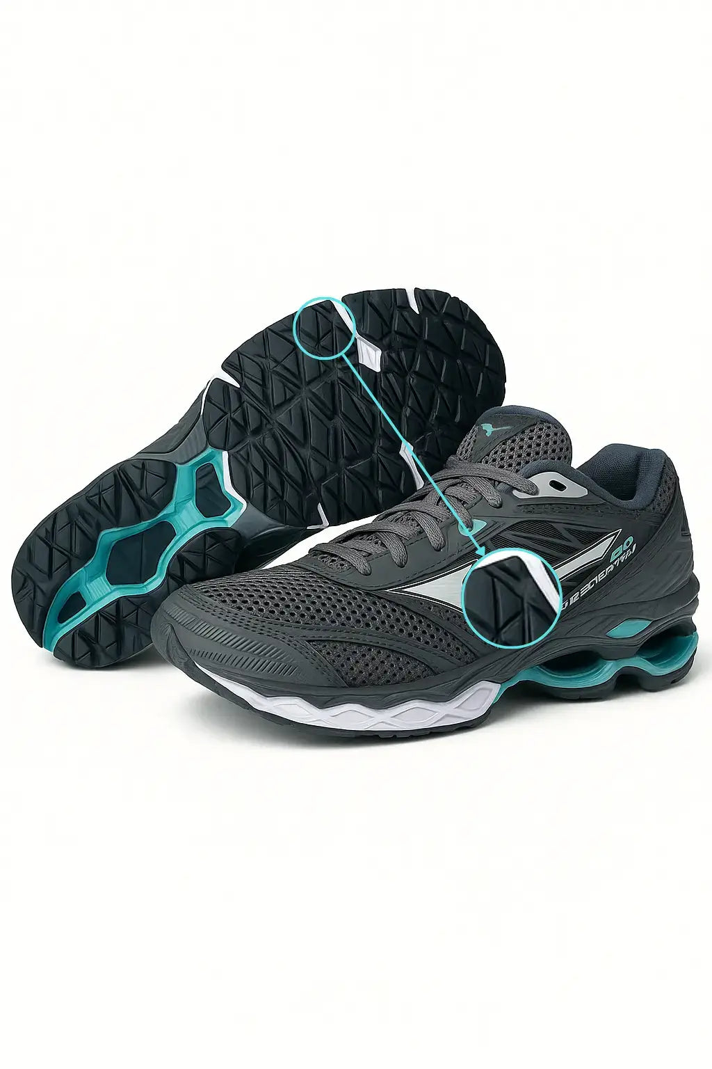 Tênis MZ Wave Creation 20 masculino em cinza com solado exposto, tecnologia Wave para alto desempenho, ideal para corridas e treinos intensos.