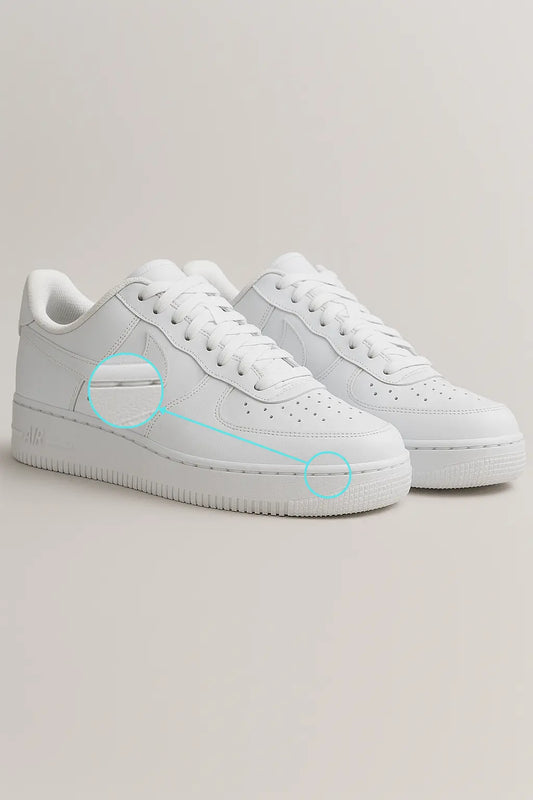 Par de tênis NK branco estilo Air Force em vista lateral, com cabedal de couro liso, solado em borracha e design moderno casual.

