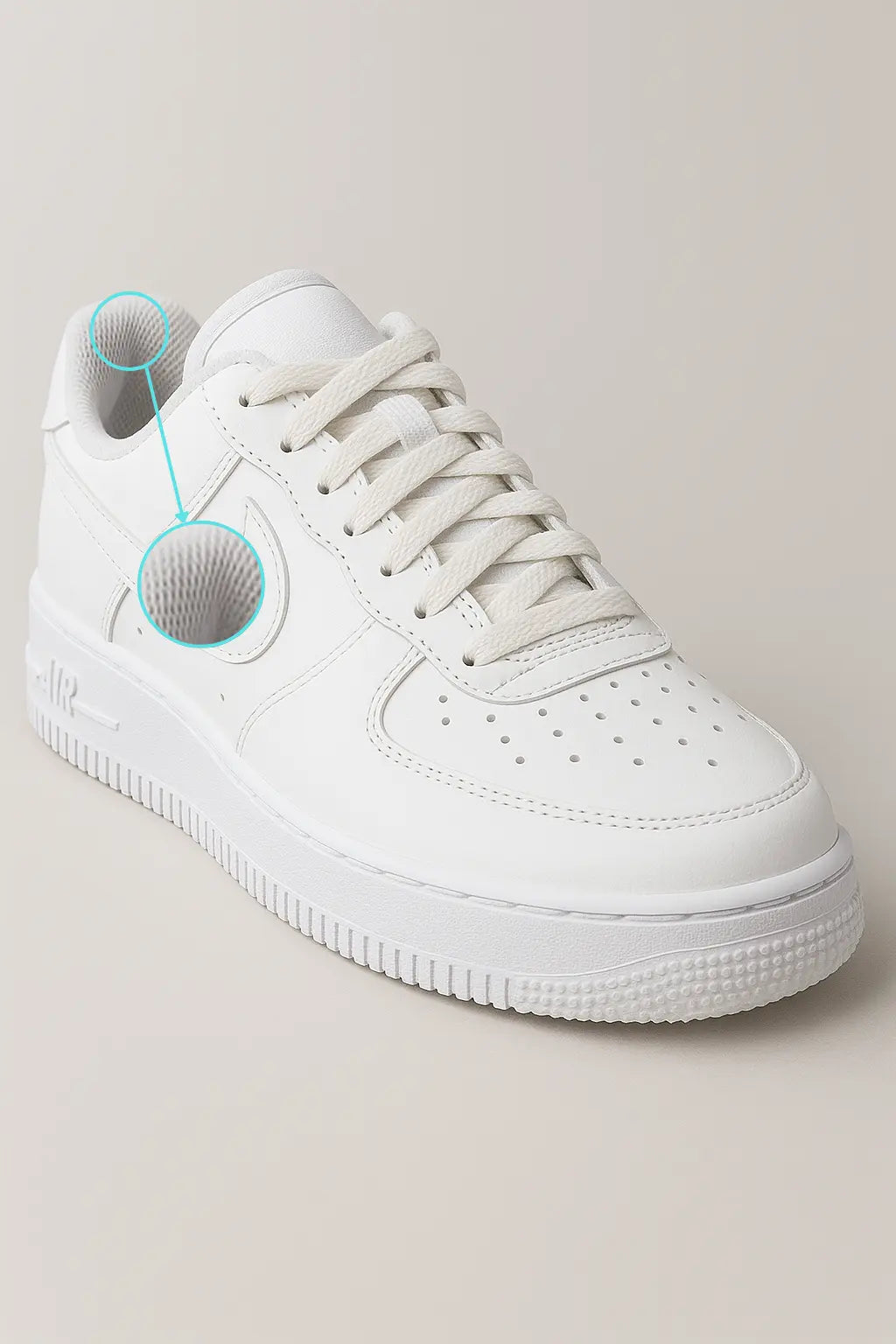Tênis branco estilo NK Air Force com visual frontal, cabedal em couro, cadarço branco e acabamento esportivo ideal para moda urbana.