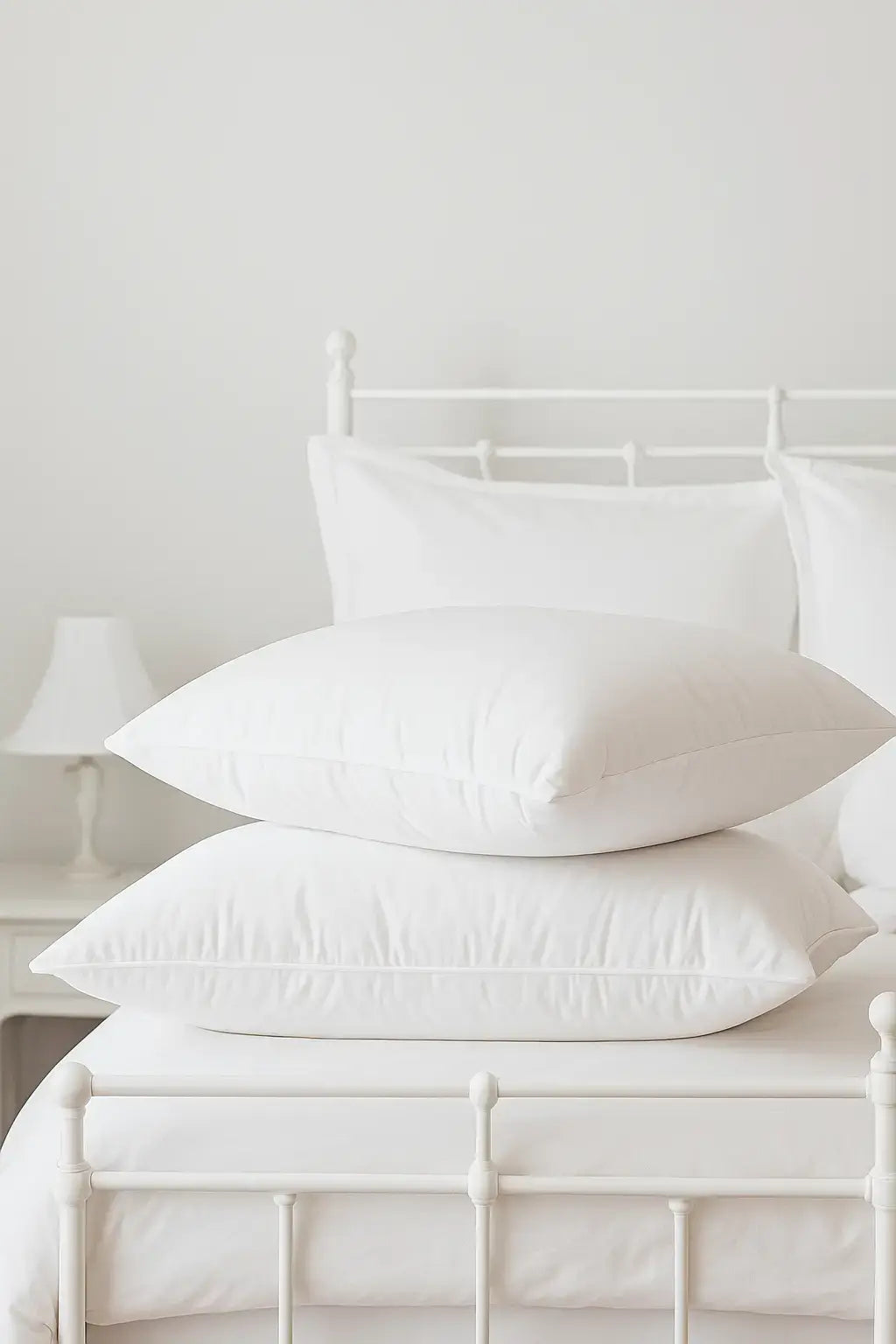 Dois travesseiros brancos empilhados em cama de ferro branca com roupa de cama clara, em ambiente decorado com luminária e estilo minimalista.