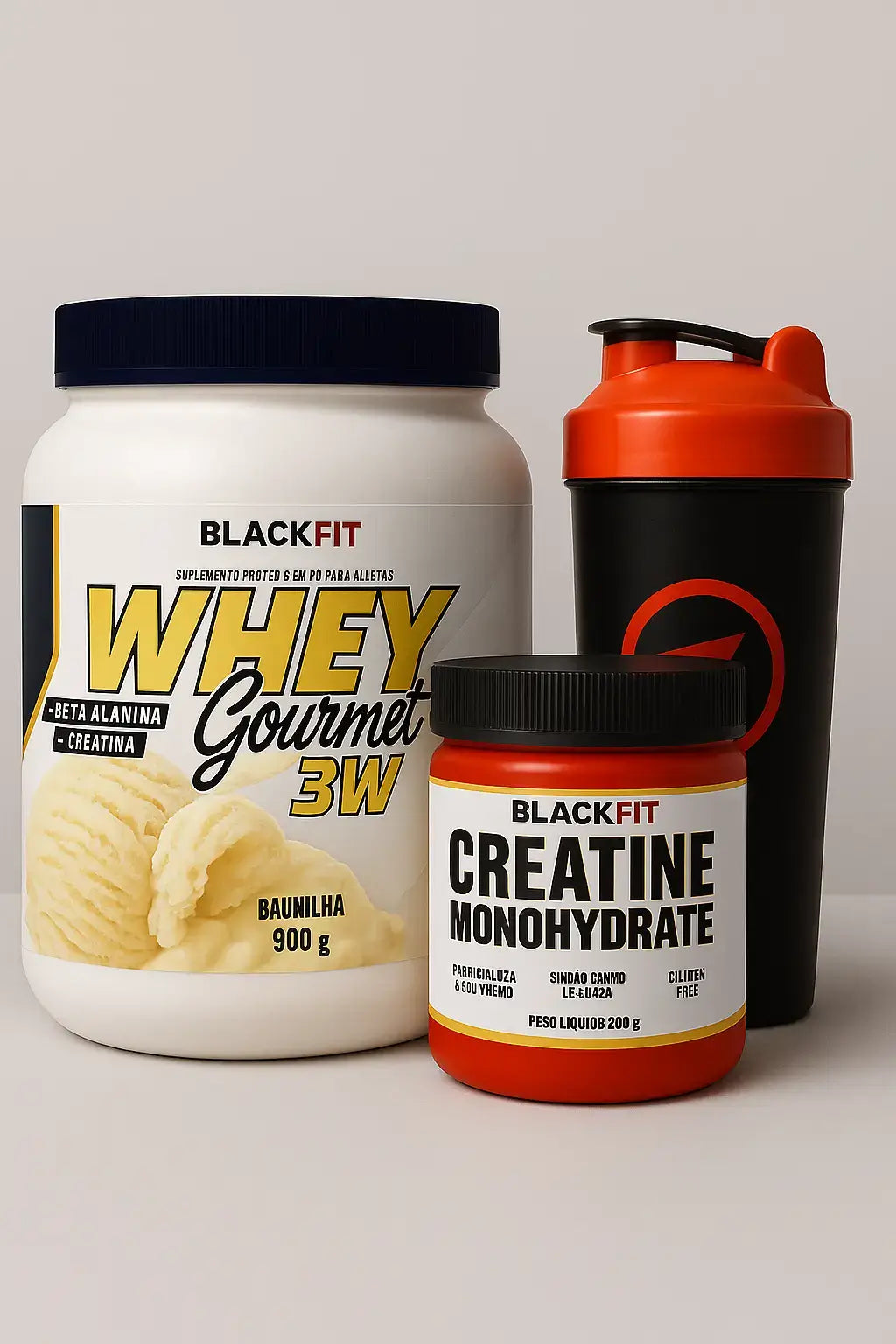 Kit de suplementos Blackfit com Whey Gourmet sabor baunilha, Creatina Monohidratada Ultra e coqueteleira preta com tampa vermelha, ideal para suporte nutricional e treinos intensos.