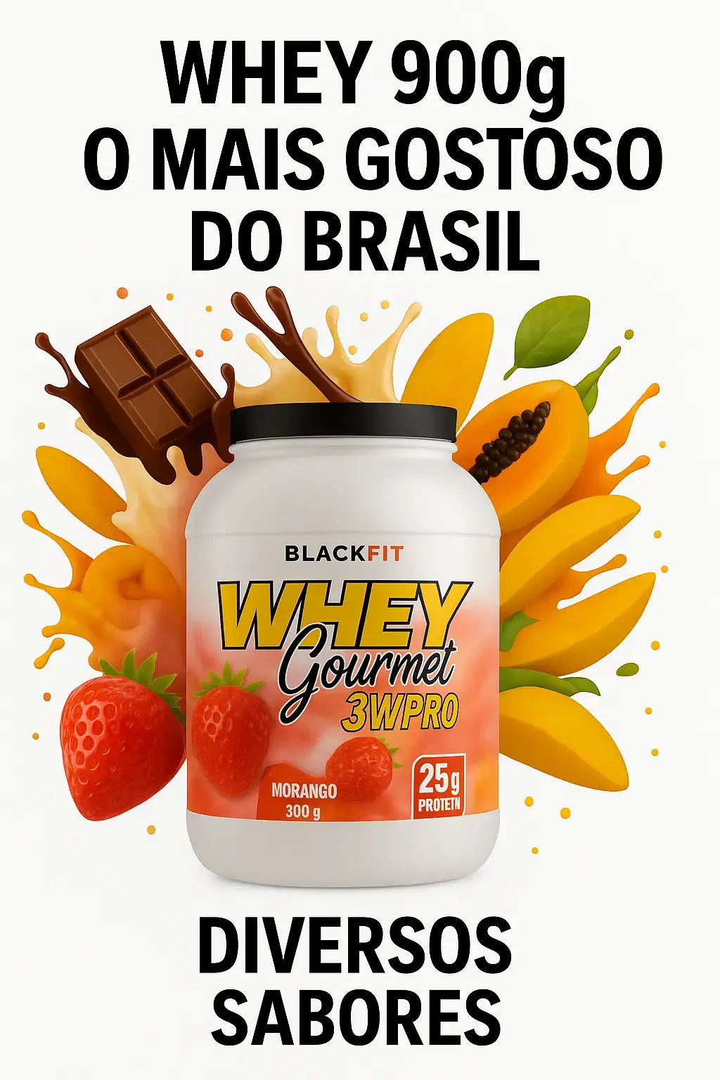  Imagem de suplemento Whey Gourmet BlackFit 900g com frutas tropicais ao redor, sobre fundo branco, ideal para lojas online de nutrição esportiva.