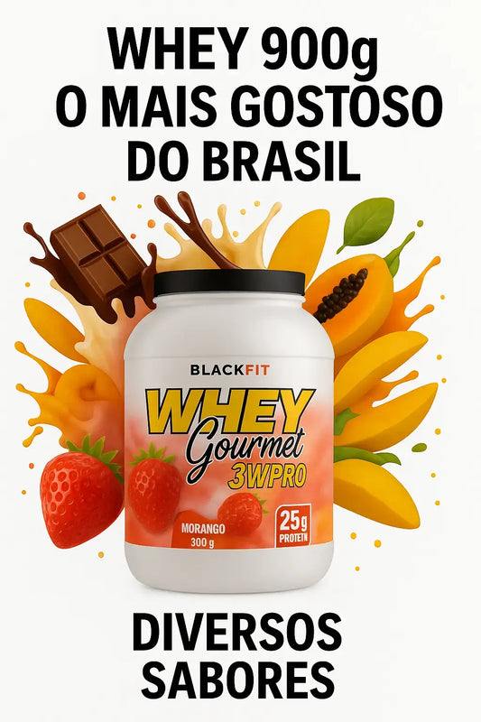  Imagem de suplemento Whey Gourmet BlackFit 900g com frutas tropicais ao redor, sobre fundo branco, ideal para lojas online de nutrição esportiva.