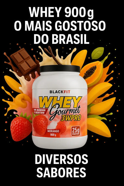 Pote de Whey Gourmet BlackFit 900g sabor morango, com 25g de proteína, cercado por frutas como manga, mamão e morango, ideal para lojas online de suplementos.